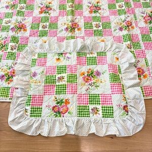 Sears Floral Patchwork Bedspread Pink & Green Gingham Twin/Twin XL Vintage 70s